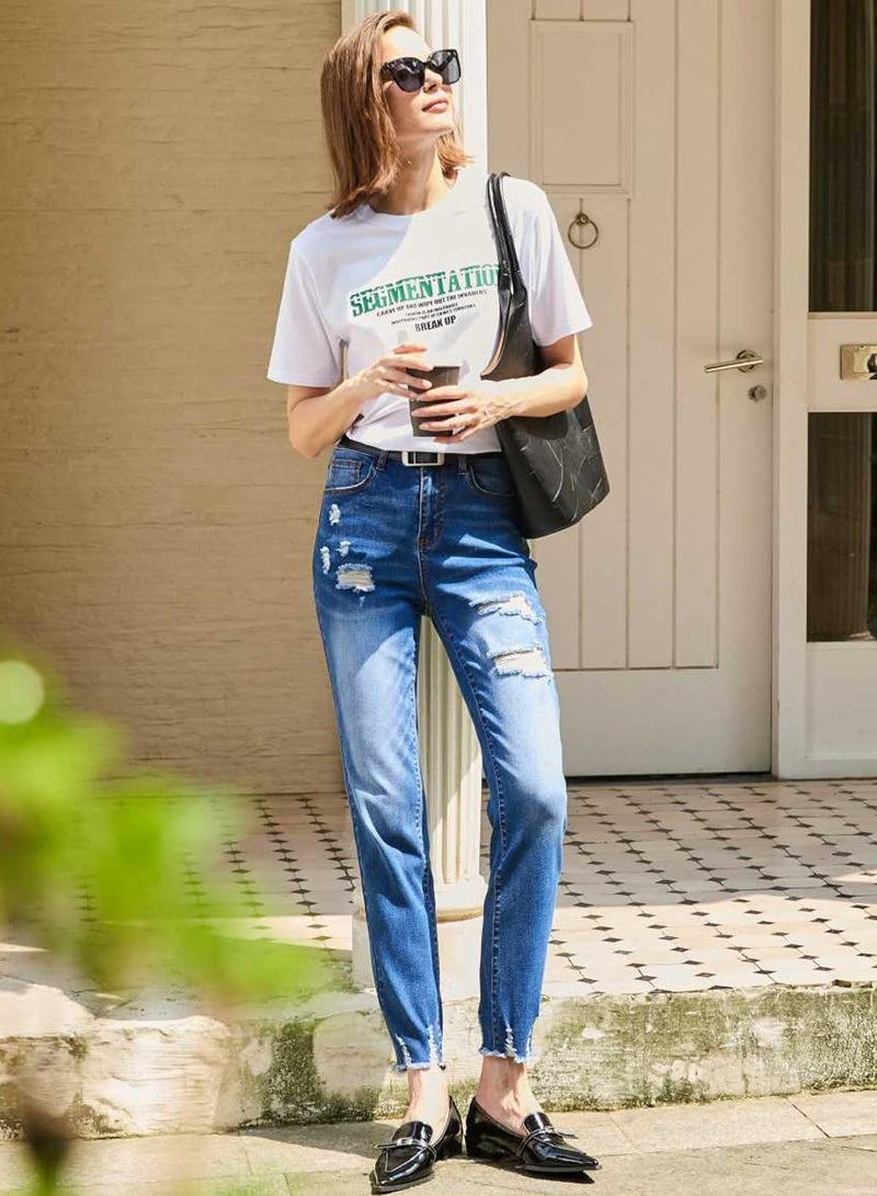 EVALESS Jeans for Women Mid Waisted Stretch Ripped Distressed Tummy Control Straight Ankle Jean Capris 2024 Blue Size 10 - Image 5