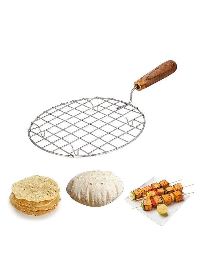 Edencart Edencart Roaster Stainless Steel Roti Maker Phulka Grill Roaster for Gas StoveGrill Tawa Jali for Kitchen Cooking Barbeque Round Jali Roaster Chapati Toast Grill Wooden Handle  - Image 3
