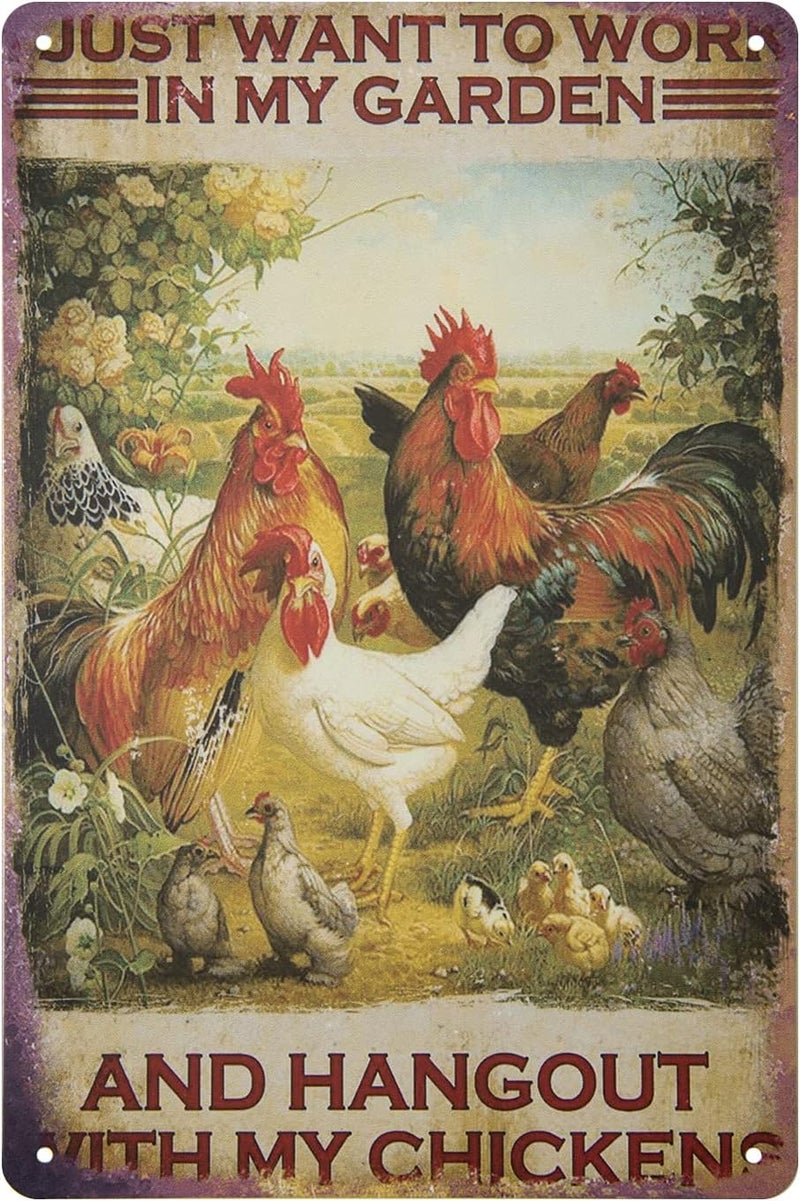 ERLOOD ERLOOD Just Want to Work in My Garden and Hang Out with My Chickens Farm Poster Vintage Metal Tin Sign Wall Plaque for Home Kitchen Bar Coffee Shop 12 X 8 - Image 1