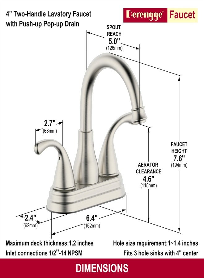 Derengge Bathroom Sink Faucet Two-Handle Bathroom Faucet with Pop up Drain,4 Inch Centerset Faucet,Brushed Nickel Finished,LF-BH4505-BN - Image 2