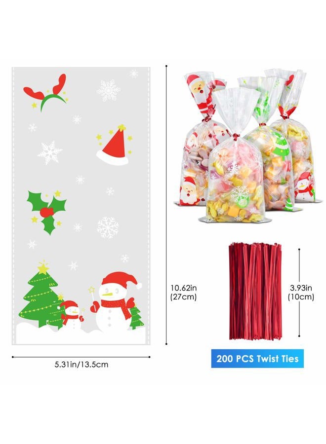 ERKOON 200 PCS Christmas Cellophane Treat Bags Clear Cookie Candy Bags Goodie Bags Xmas Gift Bags with 250 PCS Twist Ties for Christmas Party Supplies (4 Styles) - Image 2