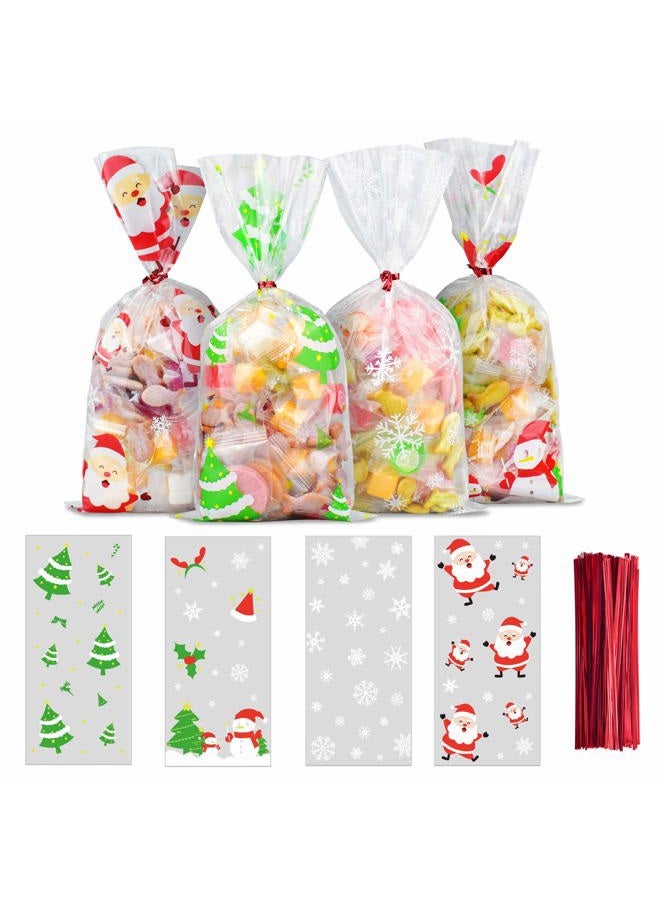 ERKOON 200 PCS Christmas Cellophane Treat Bags Clear Cookie Candy Bags Goodie Bags Xmas Gift Bags with 250 PCS Twist Ties for Christmas Party Supplies (4 Styles) - Image 1