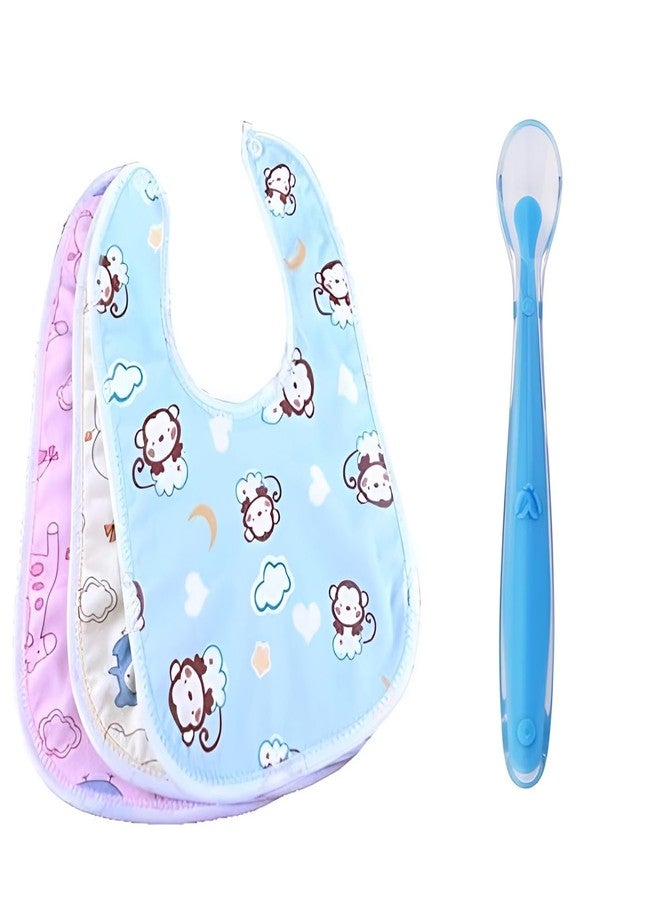 KIDS BASIC Baby Feeding Bibs (Pack of 3) & Silicone Spoon |Waterproof Bib | Baby Apron | BPA Free Self Feeding Spoon (Blue) - Image 1