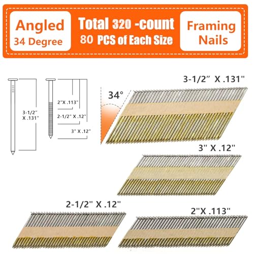 SITLDY 34-30 Degree Framing Nails 4 Sizes (2"+2-1/2"+3.0" Ring+3-1/2" Smooth), D Head Hot Dipped Galvanized Paper Tape Strip Nails, 80 PCS per Size, 320 Count, for 30 to 34 Degree Framing Nailer - Image 2