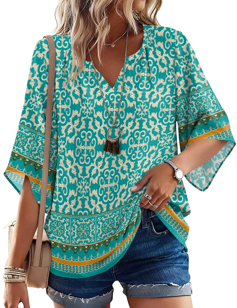 LOMON 3/4 Sleeve Peasant Blouses for Women V Neck Flowy Tunic Tops Tropical Vacation Outfits for Spring Summer Blue S - Image 1