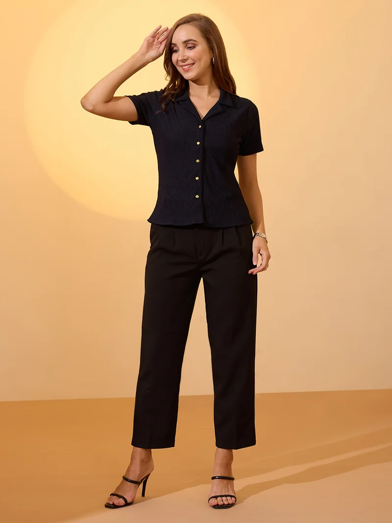 globus Women Navy Blue Self Design Notch Lapel Collar Short Sleeves Work Wear Shirt