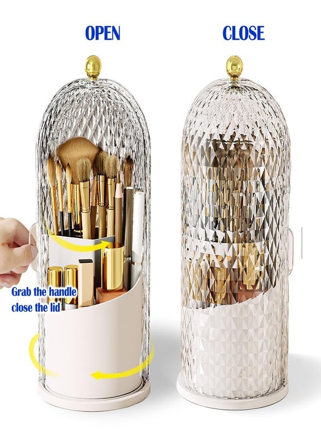 JIANGLAI Makeup Brush Holder with Lid, 360 Rotating Multifunction Clear Dustproof Skincare Cosmetic Tools Storage Organizer for Vanity Desktop Bathroom Countertop (White) - Image 3