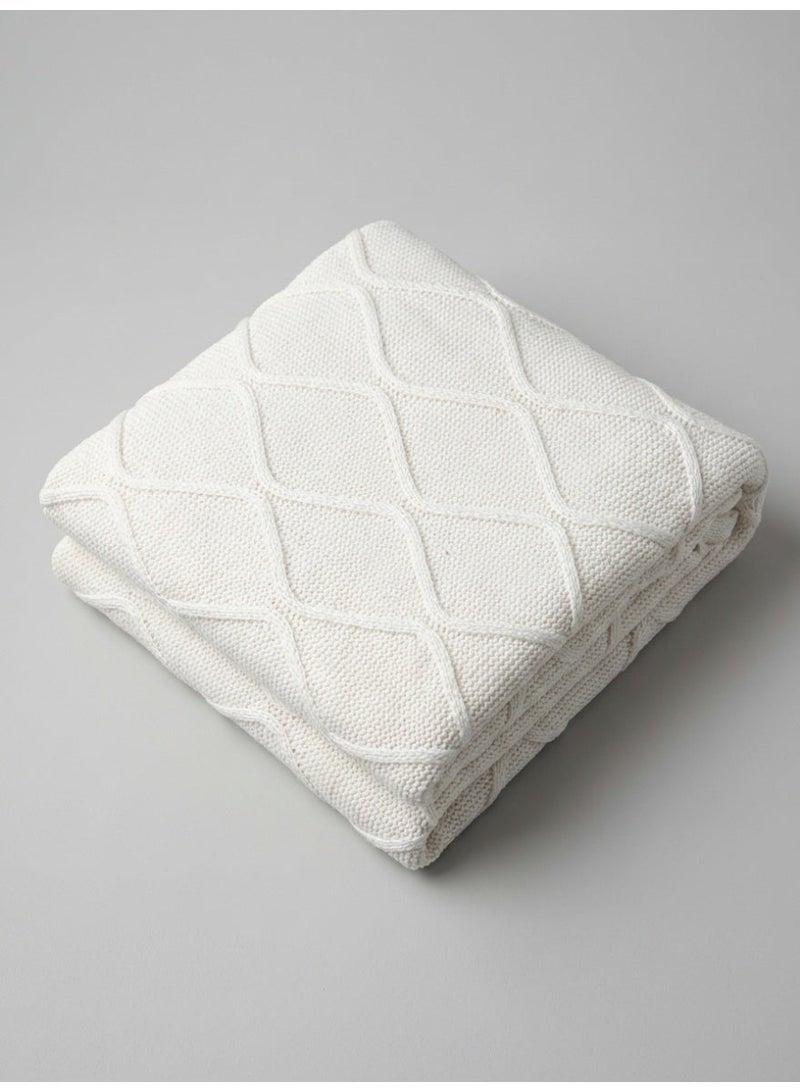 Ambrosia 130 x 160 cm Premium White Cotton Diamond Knitted Throw Blanket for Couch and Bed, 400GSM Soft Breathable Boho Decorative Sofa Blanket for Travel and Home Decor - Image 1