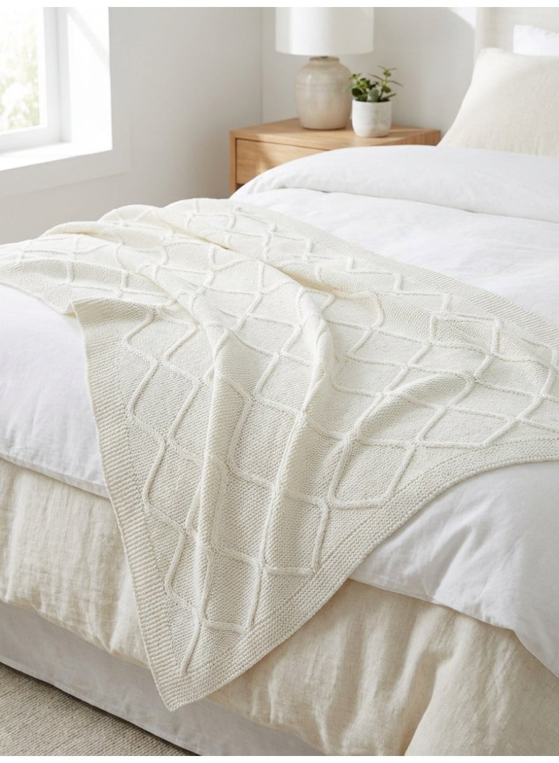 Ambrosia 130 x 160 cm Premium White Cotton Diamond Knitted Throw Blanket for Couch and Bed, 400GSM Soft Breathable Boho Decorative Sofa Blanket for Travel and Home Decor - Image 3