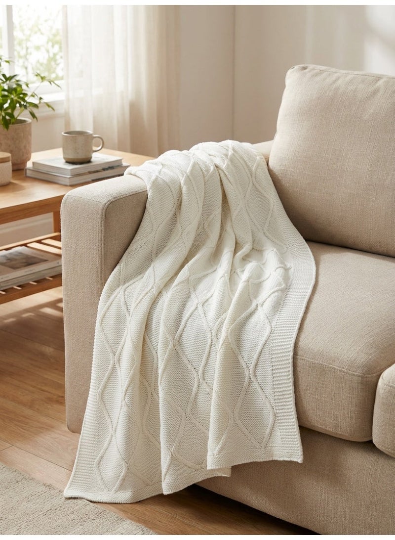 Ambrosia 130 x 160 cm Premium White Cotton Diamond Knitted Throw Blanket for Couch and Bed, 400GSM Soft Breathable Boho Decorative Sofa Blanket for Travel and Home Decor - Image 2