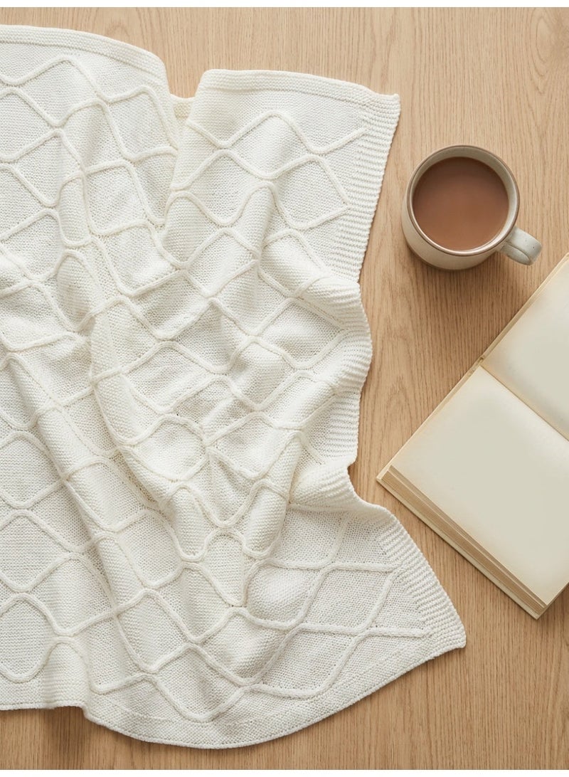 Ambrosia 130 x 160 cm Premium White Cotton Diamond Knitted Throw Blanket for Couch and Bed, 400GSM Soft Breathable Boho Decorative Sofa Blanket for Travel and Home Decor - Image 5