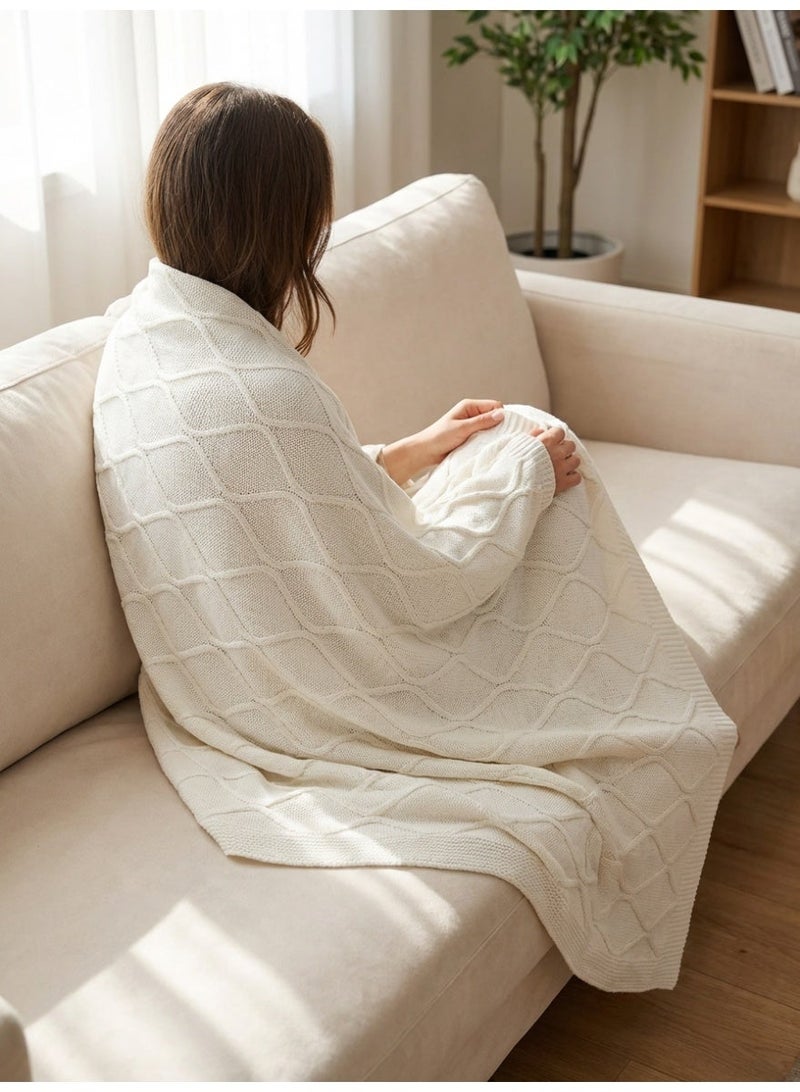 Ambrosia 130 x 160 cm Premium White Cotton Diamond Knitted Throw Blanket for Couch and Bed, 400GSM Soft Breathable Boho Decorative Sofa Blanket for Travel and Home Decor - Image 4