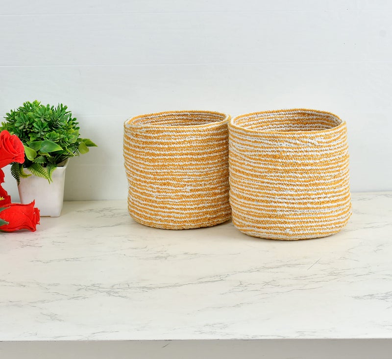 LaVichitra Braided Cotton Baskets | Planter Basket- Set of 2 (6 Inch), Yellow - Image 1