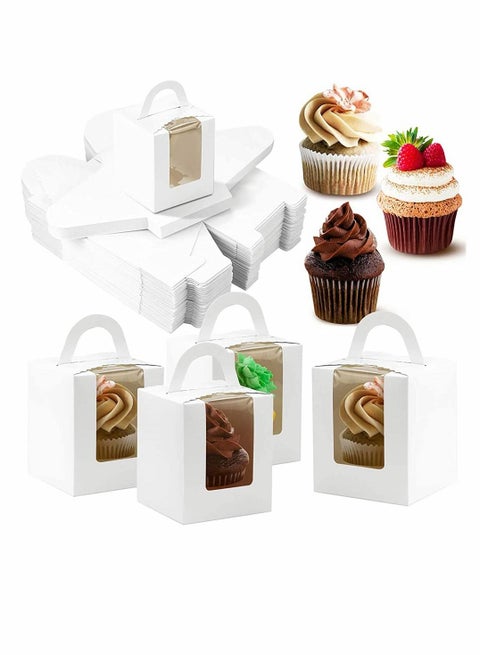 Cupcake Boxes, 20 Pack Single Individual Cupcake Container with Window Insert Handle, Portable Bakery Containers for Small Cake, Muffins, Birthday Wedding, Party (White)