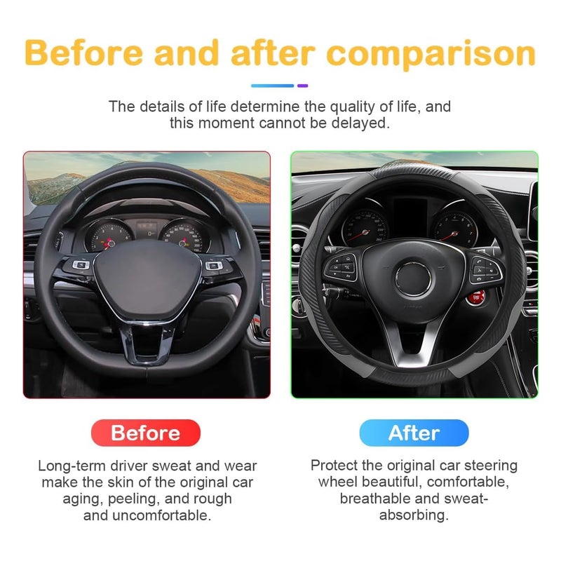 Osilly Car Steering Wheel Cover, 15 inch Carbon Fiber Microfiber PU Leather Elastic Steering Wheel Protector for Men Women, Anti-Slip Breathable Car Interior Accessories for Most Cars (Black/Gray) - Image 3