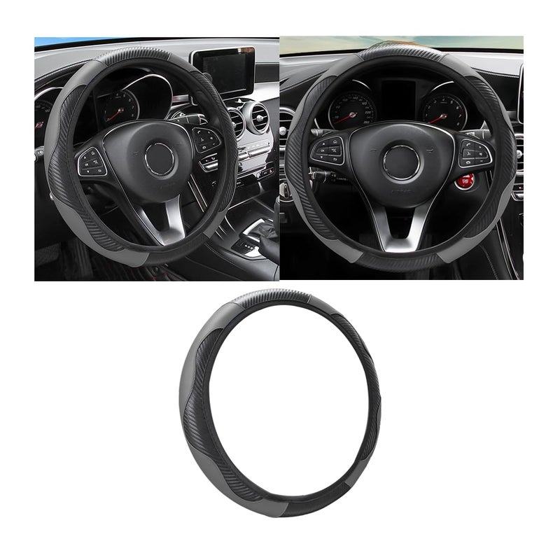 Osilly Car Steering Wheel Cover, 15 inch Carbon Fiber Microfiber PU Leather Elastic Steering Wheel Protector for Men Women, Anti-Slip Breathable Car Interior Accessories for Most Cars (Black/Gray) - Image 1