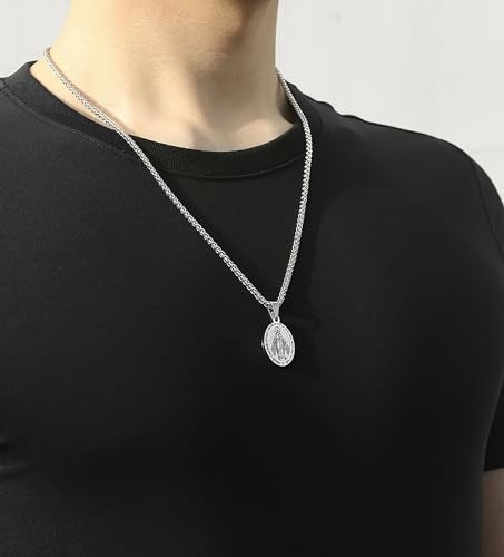 RS Miraculous Medal Virgin Mary Necklace for Men Stainless Steel Religious Christian Baptism Catholic Pendant Chain Teenage First Communion Confirmation Jewelry Gifts Silver - Image 2