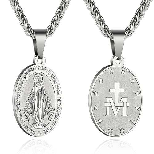 RS Miraculous Medal Virgin Mary Necklace for Men Stainless Steel Religious Christian Baptism Catholic Pendant Chain Teenage First Communion Confirmation Jewelry Gifts Silver - Image 1