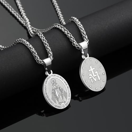 RS Miraculous Medal Virgin Mary Necklace for Men Stainless Steel Religious Christian Baptism Catholic Pendant Chain Teenage First Communion Confirmation Jewelry Gifts Silver - Image 3