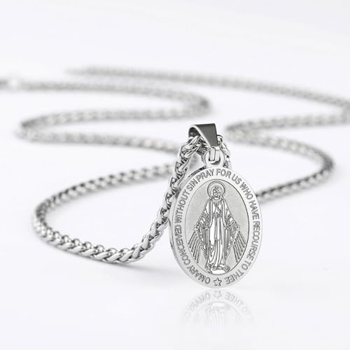 RS Miraculous Medal Virgin Mary Necklace for Men Stainless Steel Religious Christian Baptism Catholic Pendant Chain Teenage First Communion Confirmation Jewelry Gifts Silver - Image 5