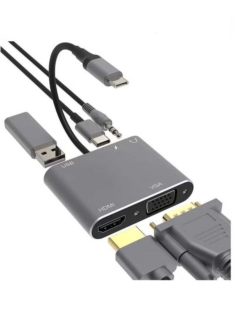 محول موزع USB C Hub متعدد المنافذ 5 في 1 VGA إلى HDMI مع محول VGA بدقة 4K HDMI وVGA وتوصيل طاقة 100 واط ومنافذ بيانات USB 3.0 ومنفذ صوت/ميكروفون 3.5 مم ومنفذ HDMI إلى VGA متوافق مع MacBook Air وXPS - Image 1