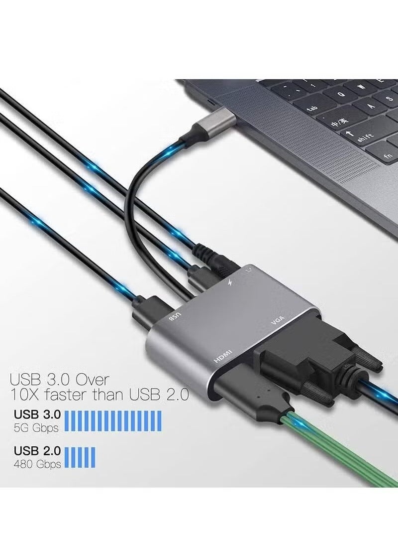 محول موزع USB C Hub متعدد المنافذ 5 في 1 VGA إلى HDMI مع محول VGA بدقة 4K HDMI وVGA وتوصيل طاقة 100 واط ومنافذ بيانات USB 3.0 ومنفذ صوت/ميكروفون 3.5 مم ومنفذ HDMI إلى VGA متوافق مع MacBook Air وXPS - Image 2