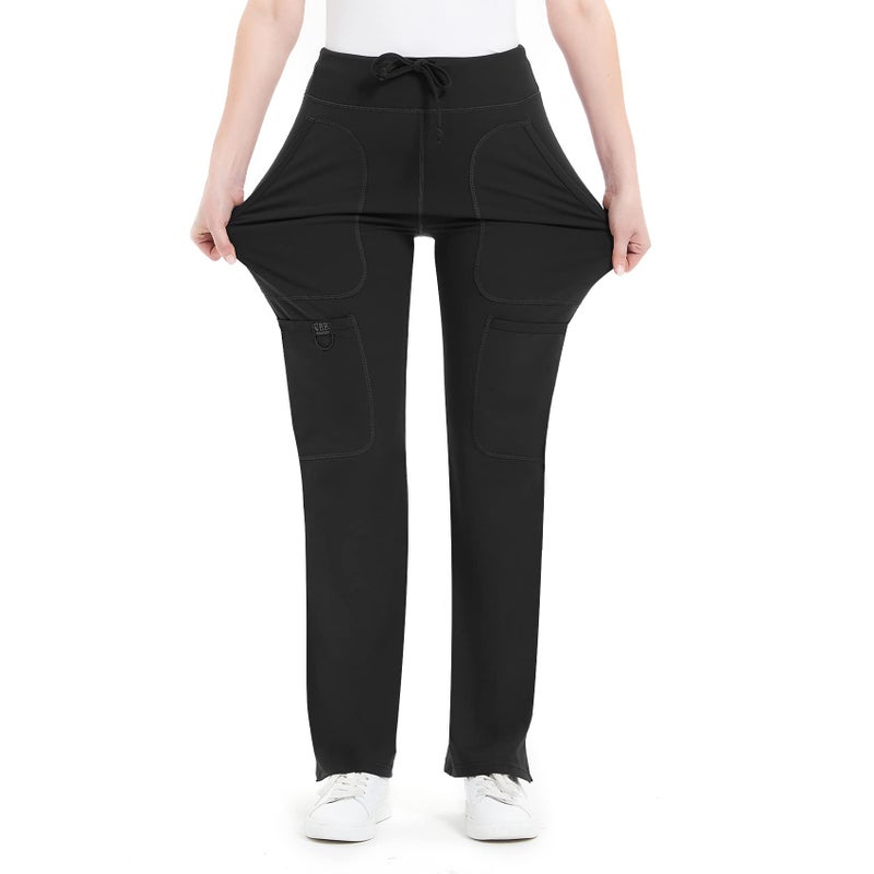 QBK Yoga Scrub Pants Women Mid Rise Yoga Work Pants- Five Pocket Cargo Scrub Pant (Large, Black) - Image 1