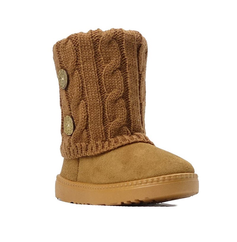 REDVOLUTION Kids Boots Toddler Girls Cute 2 Buttons Faux Fur Suede Knitting Shoe | 285 (Small Kid 11, Camel) - Image 2