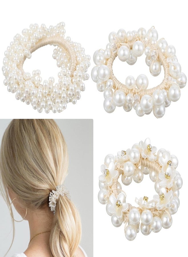 Guduling 3pcs prarl Beaded Hair Ties, Pearl Hair Tie, Pearls Ponytail Holder, Hand-Wrapped Pearl Scrunchie, Elastic Pearls Locks Tie, Hair Accessories for Women & Girls, White - Image 1