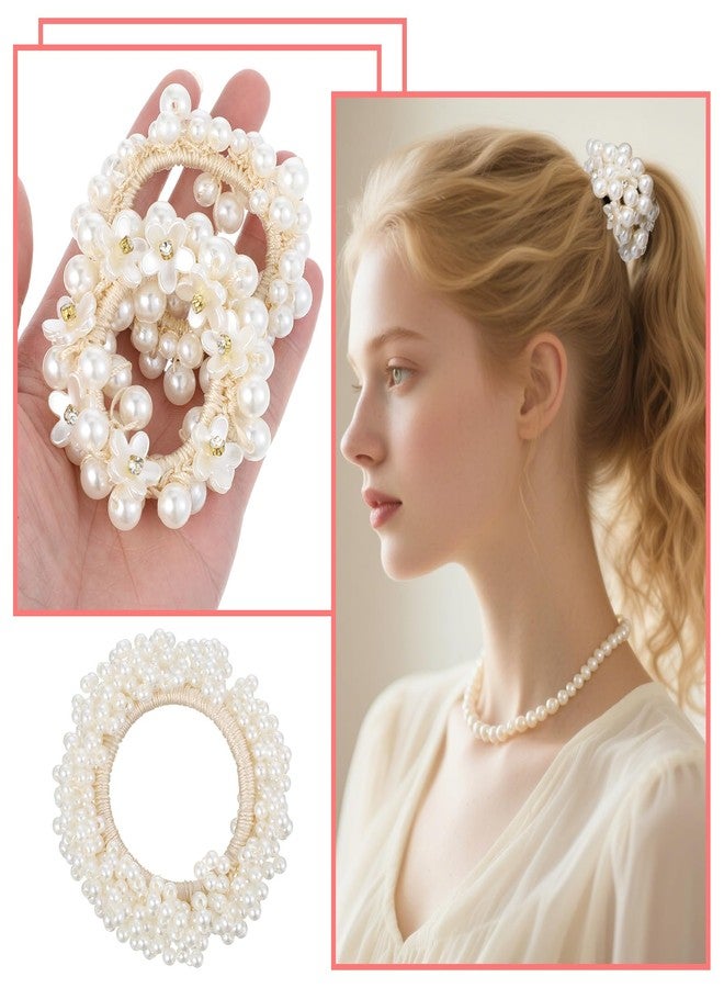 Guduling 3pcs prarl Beaded Hair Ties, Pearl Hair Tie, Pearls Ponytail Holder, Hand-Wrapped Pearl Scrunchie, Elastic Pearls Locks Tie, Hair Accessories for Women & Girls, White - Image 4
