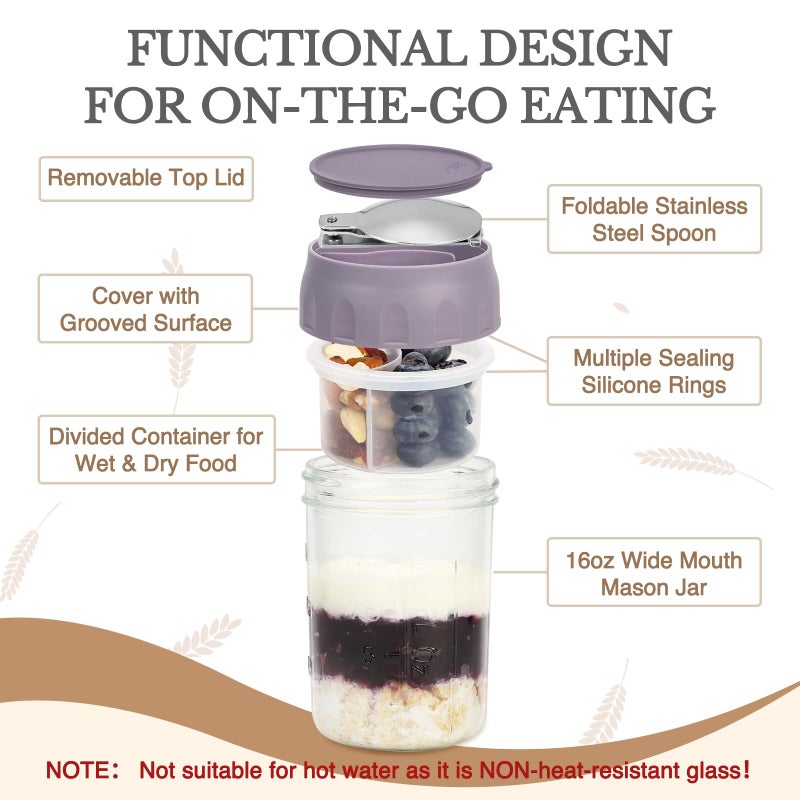 SOLIGT 2 Pack Overnight Oats Containers with Lids, Folding Spoons and Divided Compartments for Fruit & Nuts, Small Glass 16oz Mason Jars for Oatmeal Yogurt Parfait - Image 3