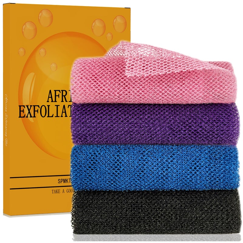 SPMKTBOZAI African Exfoliating Net, 4 Pieces African Net Sponge, Nylon African Bath Sponge Net, African Net Long Net Bath Sponge Shower Body Scrubber - Image 1