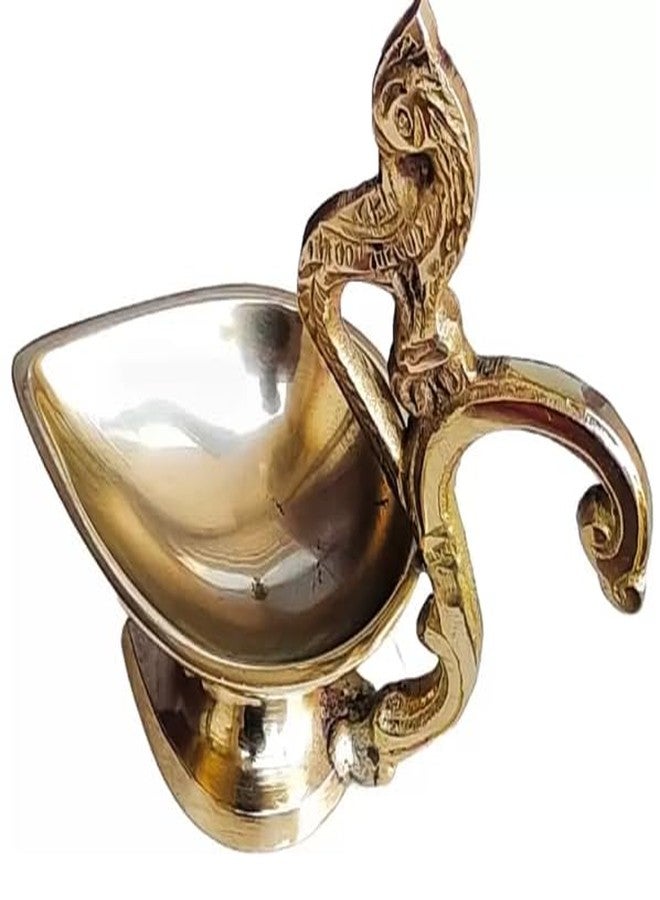 أديتري_كرييشن مصابيح زيتية نحاسية مزخرفة، مصابيح عبادة زيتية، مصابيح آرتي ديا بمقبض، مصابيح ديباك ديا ذهبية نحاسية، ديكورات هندية تقليدية للمهرجانات، قطع صغيرة لتزيين رأس السنة (الحجم: 3 بوصات) (ذهبي) (طاووس) - Image 5