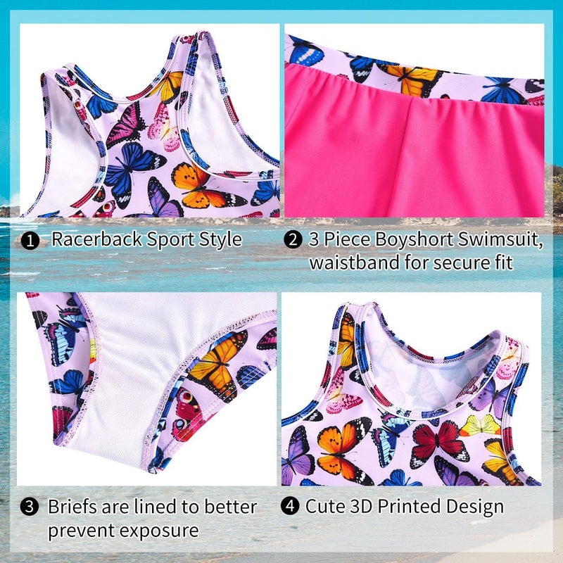 uideazone 12-13 Years Teen Girl Hawaiian Tropical Swimsuits 3D Printed Three Piece Round Neck Bathing Suit with Purple Shorts Racerback Tankini Swimwear Sets - Image 5