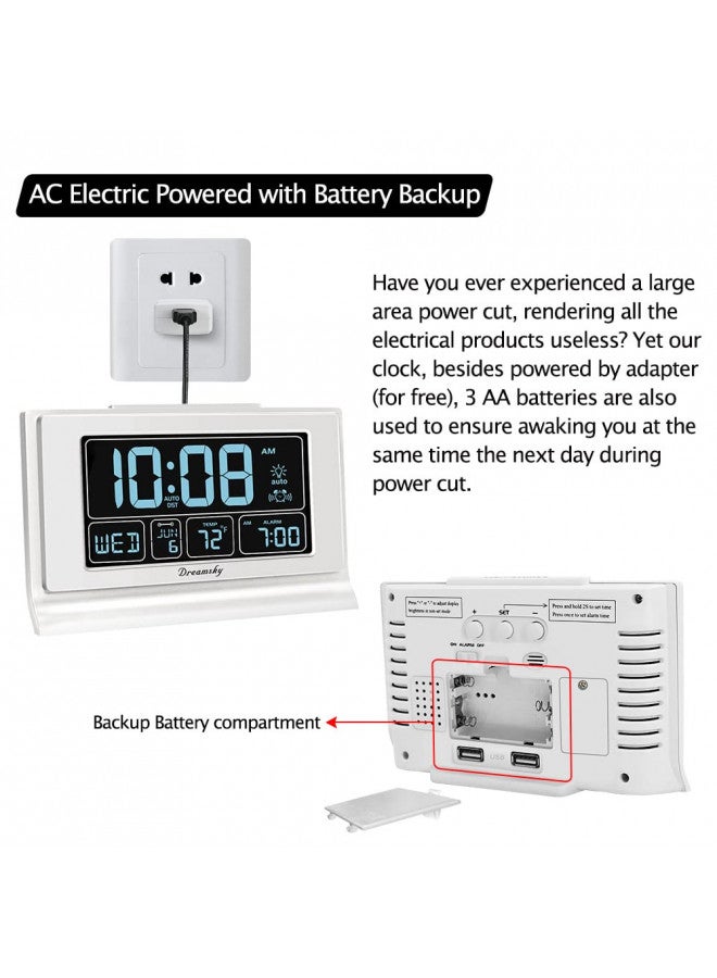 DreamSky DreamSky Digital Alarm Clock with Battery Backup for Bedroom, Auto Set Clock with USB Charging Ports, 5 Inch Large Display with Date Weekday Temperature, Auto DST, Brightness Dimmer, Snooze, 12/24H  - Image 5