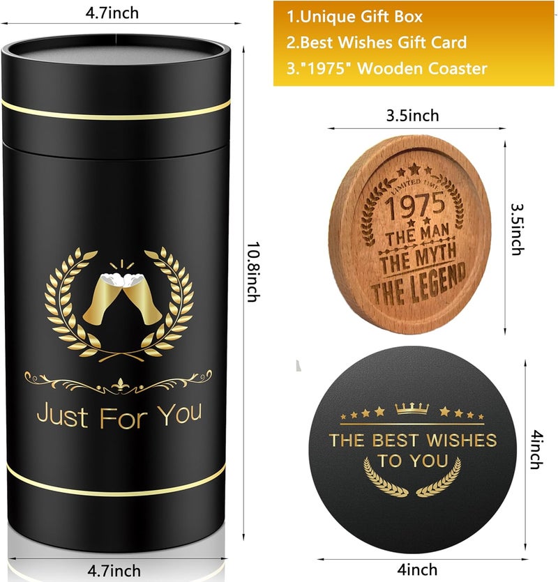 GALOFAY 50th Birthday Beer Glasses Gifts, Personalized '1975' Vintage Glass Ware Set for Men, Black Gift Package with Drinking Glass, Coaster, and Card for 50 Years Old Man - Image 3