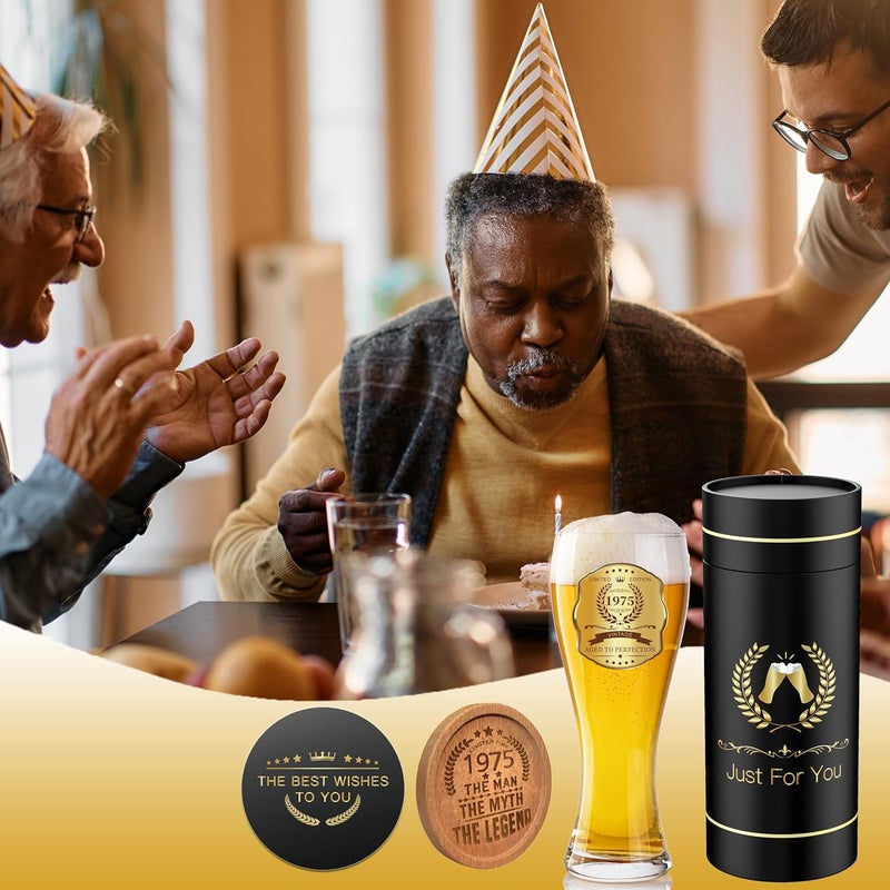 GALOFAY 50th Birthday Beer Glasses Gifts, Personalized '1975' Vintage Glass Ware Set for Men, Black Gift Package with Drinking Glass, Coaster, and Card for 50 Years Old Man - Image 5
