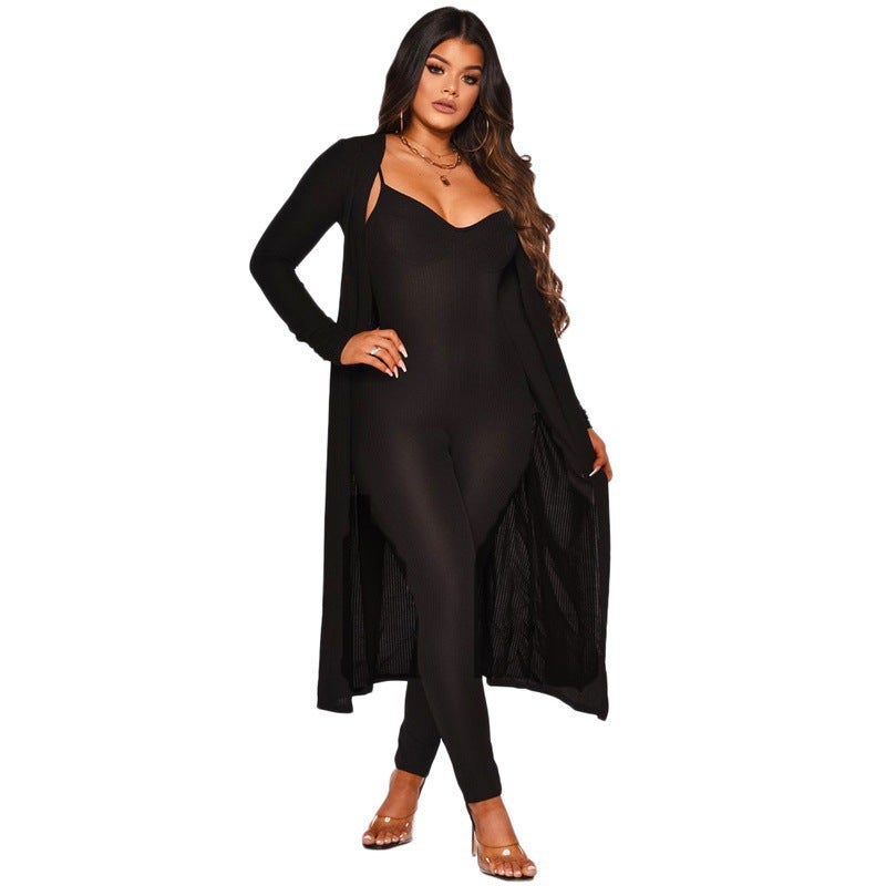 9343 Europe and America Cross-border Amazon Solid Color Sling Jacket Jumpsuit Womens Two-piece Set Black  - Image 1