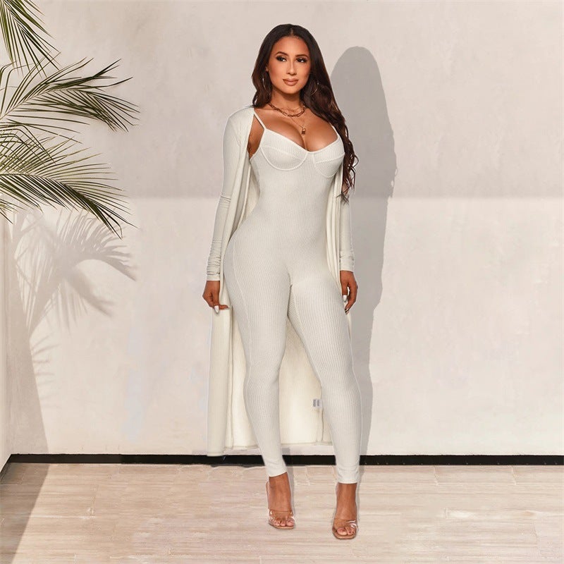9343 Europe and America Cross-border Amazon Solid Color Sling Jacket Jumpsuit Womens Two-piece Set Black  - Image 3