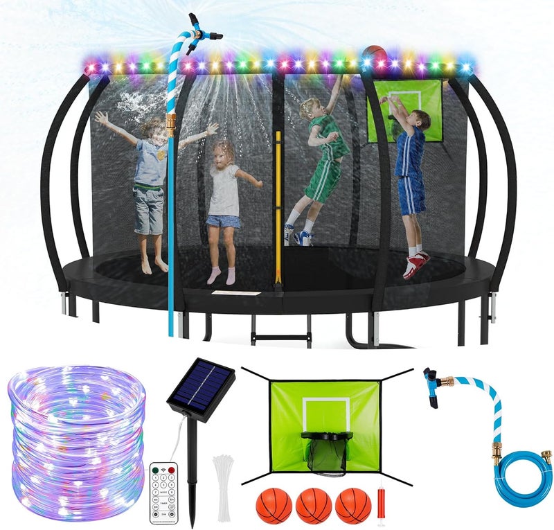 Sumapner Trampoline Accessories Kit Kids,Basketball Hoop with 3 Mini Basketballs,50FT Solar Lights Fit 8 10 12 14 15 16FT Trampoline Outdoor 8 Mode,Choose from 2 Kits with Sprinkler or Dart Board & Glow Net - Image 1