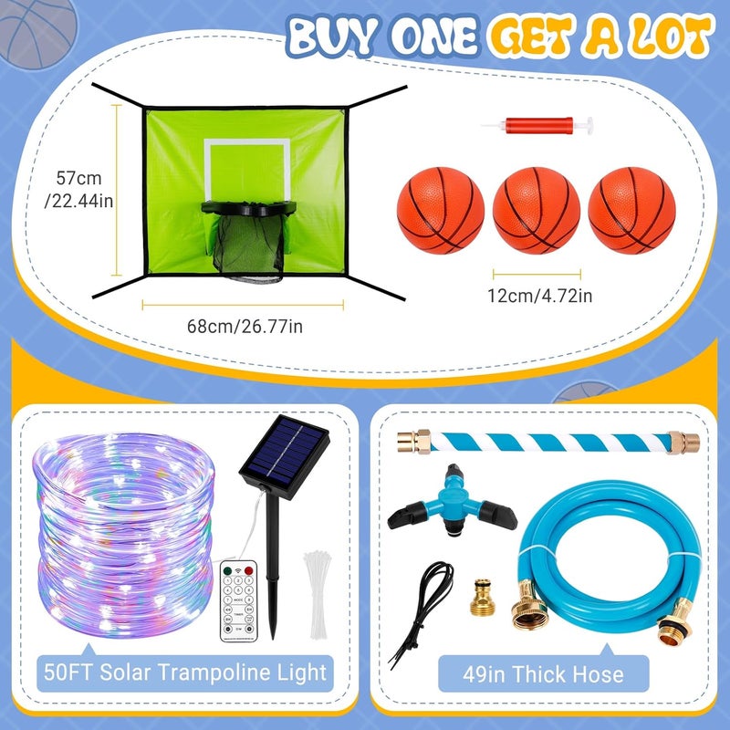 Sumapner Trampoline Accessories Kit Kids,Basketball Hoop with 3 Mini Basketballs,50FT Solar Lights Fit 8 10 12 14 15 16FT Trampoline Outdoor 8 Mode,Choose from 2 Kits with Sprinkler or Dart Board & Glow Net - Image 2