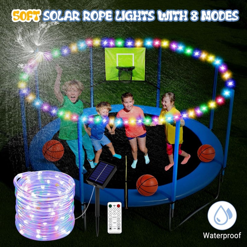 Sumapner Trampoline Accessories Kit Kids,Basketball Hoop with 3 Mini Basketballs,50FT Solar Lights Fit 8 10 12 14 15 16FT Trampoline Outdoor 8 Mode,Choose from 2 Kits with Sprinkler or Dart Board & Glow Net - Image 5