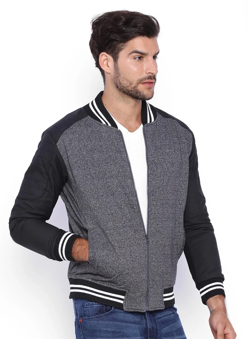 Campus Sutra Men's Steel Blue Block-Knit Bomber Jacket