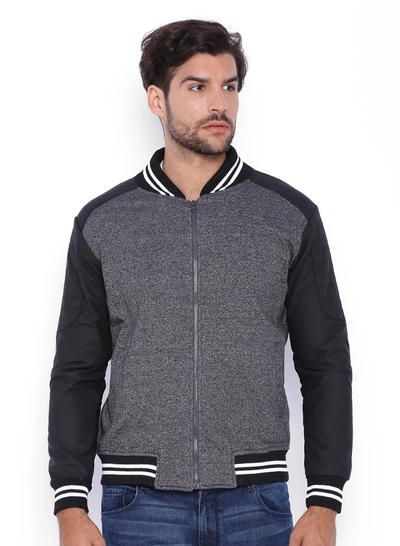 Campus Sutra Men's Steel Blue Block-Knit Bomber Jacket