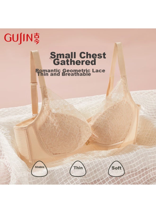 Gujin Women's Bra, Push-up For Small Side Support, Comfortable, Soft Underwire, Lace Thin Style, Apricot Skin Color, Size 75a - Image 5