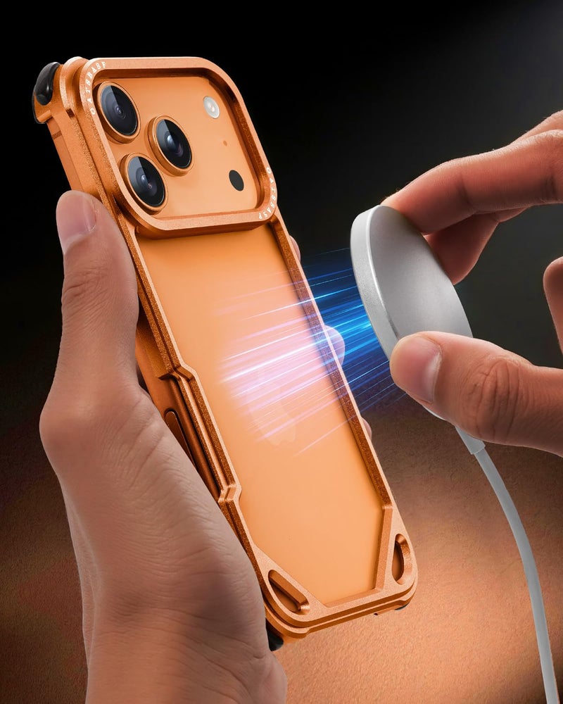 OATSBASF for iPhone 17 Pro Max Bumper Case, No Back Design, Aluminum Frame Slim Fit, Compatible with MagSafe, 4 Corner Shockproof Protection, Orange - Image 4