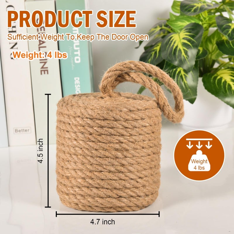 Monrocco Decorative Door Stoppers for Bottom of Door4 lb Rope Knot Door Stop Weighted Doorstopper, Heavy Nautical Doorstop for Bedroom, Living Room, Window Wedge, Bookend, Cylindrical (Natural) - Image 2