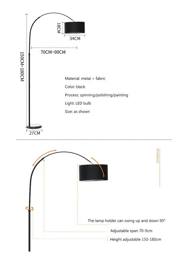 Cady One - Tall Lampshade and LED Floor Lamp for Living Room with Adjustable Hanging Cylinder Shade with Remote Control, Reading Light for Bedroom or Office Black 12W 185 x 38cm - Image 1