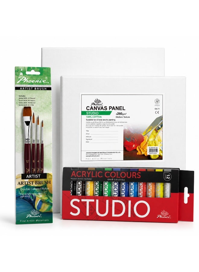 Phoenix Acrylic set 17 pieces (Acrylic colors 12*12ml + canvas panel 24*30 cm + 4 brushes) - Image 1