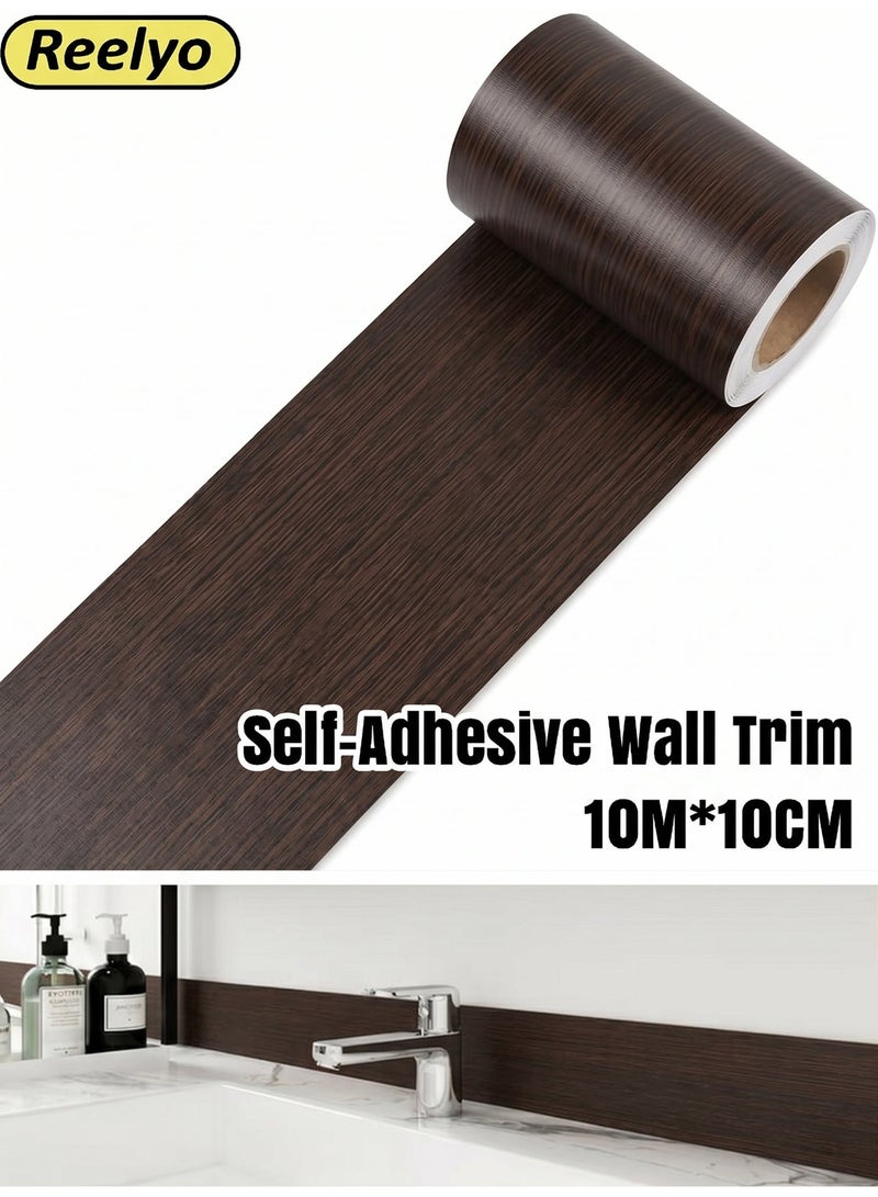 Reelyo Black Wood Grain Self-Adhesive Wall Trim 10m x 10cm Living Room Skirting Line Border Stickers Peel and Stick Wallpaper Realistic Walnut Wood Waist Line Decor for Mirror Frame Cabinet Edges Tiles Home and Office Use - Image 1